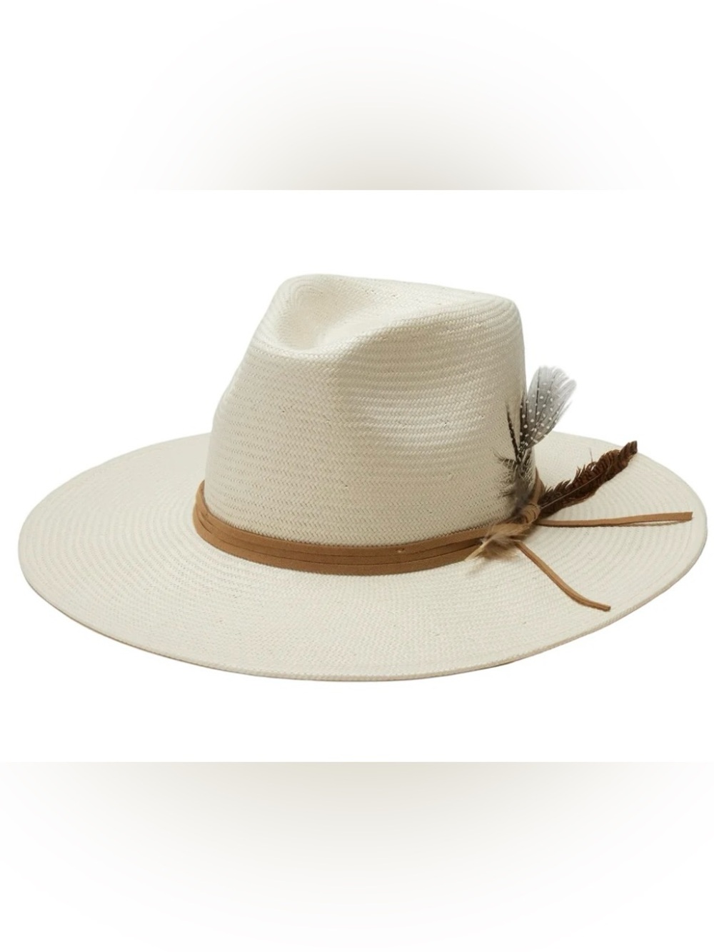 Wyeth Cream Wide-Brim Fedora with Brown Band and Feather